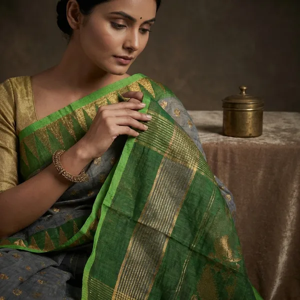 Soft_Dhakai_Jamdani_Saree_In_Grey_Green_And_Antique_Gold