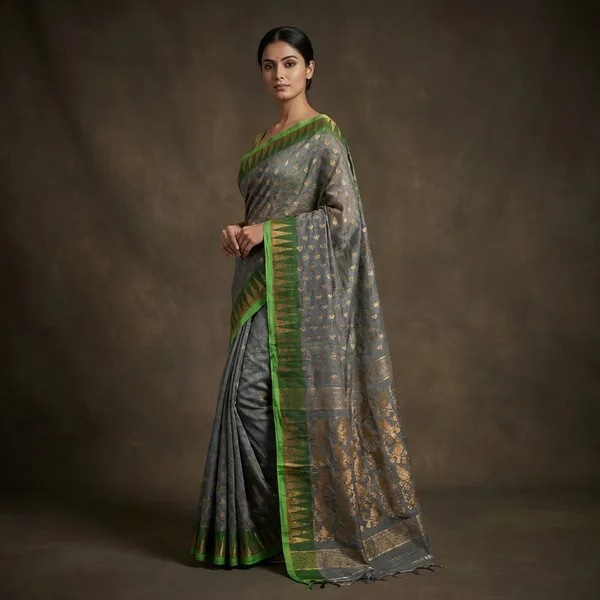 Soft_Dhakai_Jamdani_Saree_In_Grey_Green_And_Antique_Gold