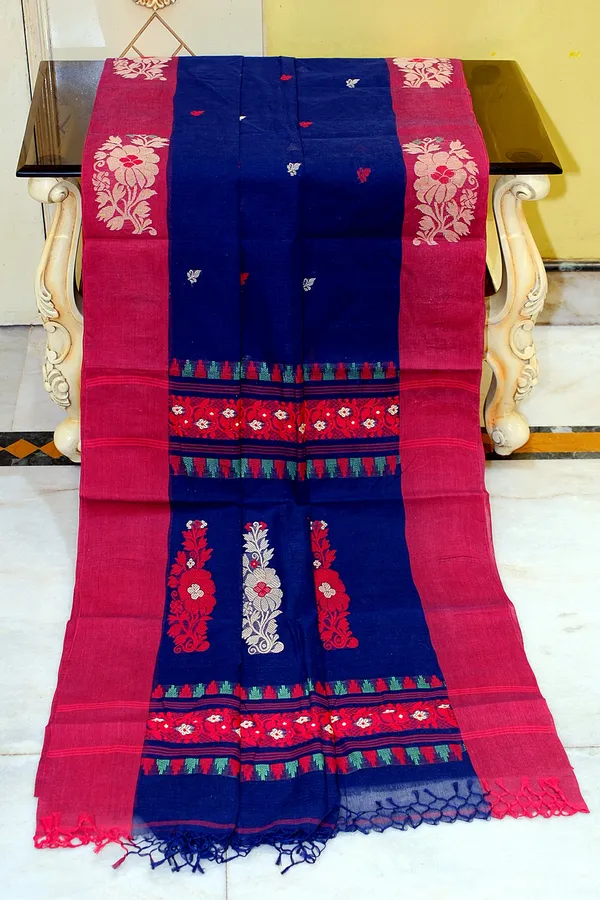Woven_Jamdani_Nakshi_Work_Border_Premium_Quality_Bengal_Handloom_Cotton_Saree_In_Navy_Blue_Red_And_Multicolor