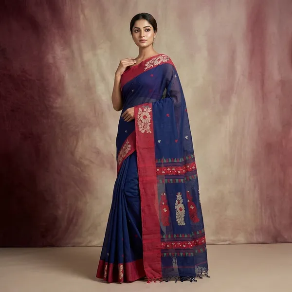 Woven_Jamdani_Nakshi_Work_Border_Premium_Quality_Bengal_Handloom_Cotton_Saree_In_Navy_Blue_Red_And_Multicolor