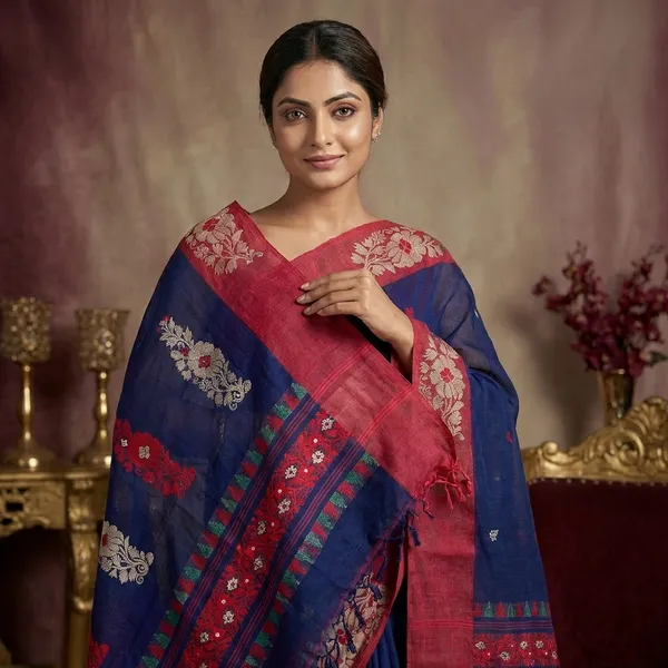 Woven_Jamdani_Nakshi_Work_Border_Premium_Quality_Bengal_Handloom_Cotton_Saree_In_Navy_Blue_Red_And_Multicolor