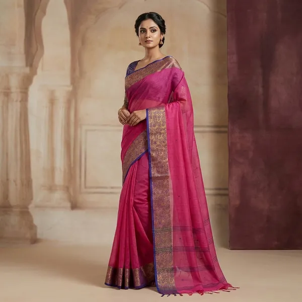 Thread_Nakshi_Jacket_Border_Bengal_Handloom_Cotton_Saree_In_Pink_Dark_Beige_And_Royal_Blue