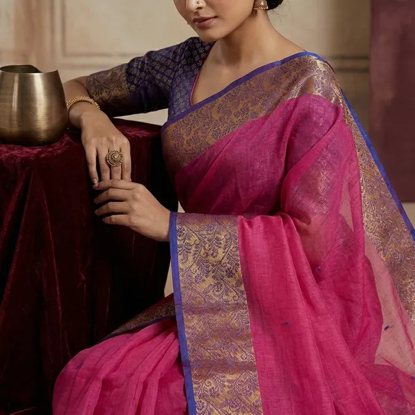 Thread_Nakshi_Jacket_Border_Bengal_Handloom_Cotton_Saree_In_Pink_Dark_Beige_And_Royal_Blue