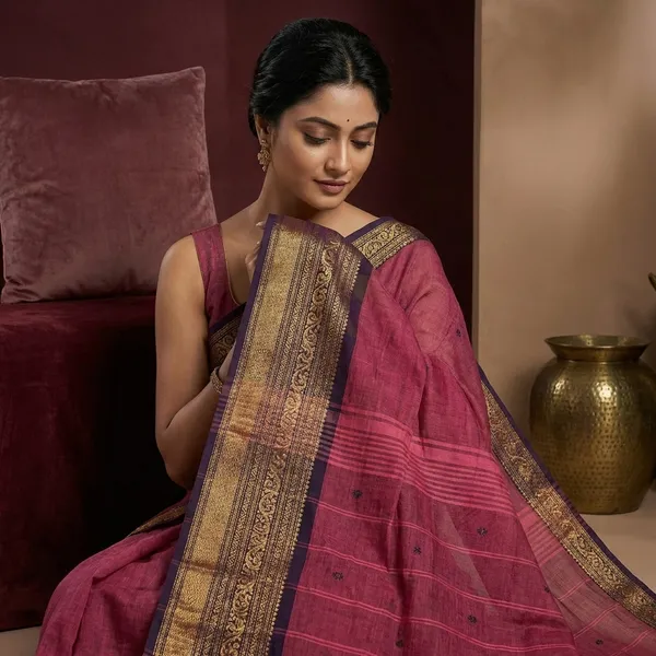 Traditional_Premium_Quality_Hand_Woven_Jacket_Nakshi_Border_South_Cotton_Gadwal_Saree_In_Vivid_Burgundy_And_Black