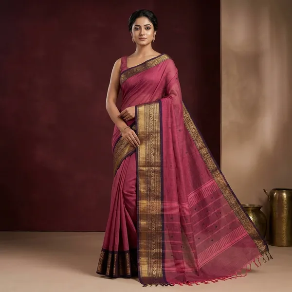 Traditional_Premium_Quality_Hand_Woven_Jacket_Nakshi_Border_South_Cotton_Gadwal_Saree_In_Vivid_Burgundy_And_Black