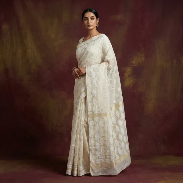 Self_Woven_Nakshi_Work_Cotton_Muslin_Jamdani_Saree_In_Off_White_White_And_Golden