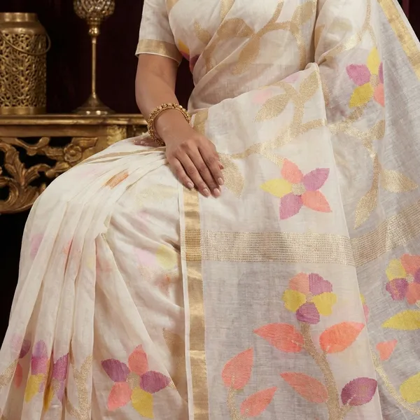 Muslin_Silk_Jamdani_Saree_In_Off_White_Gold_Zari_And_Multicolor_Thread_Work