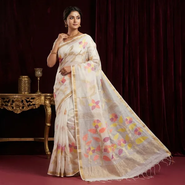 Muslin_Silk_Jamdani_Saree_In_Off_White_Gold_Zari_And_Multicolor_Thread_Work