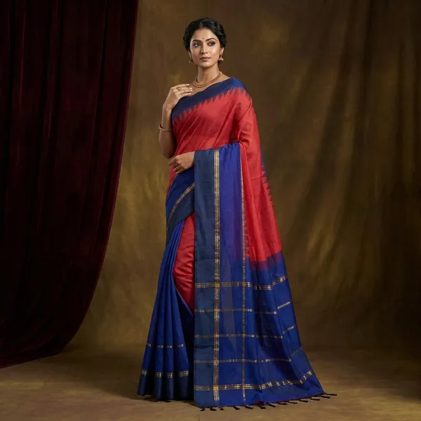Soft_South_Cotton_Pencil_Border_Gadwal_Saree_In_Peach_And_Blue