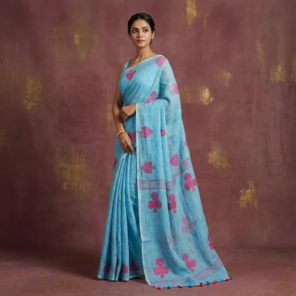 Linen_Saree_In_Denim_Blue_And_Rani