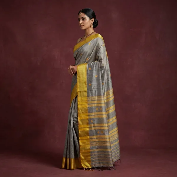 Bengal_Handloom_Satin_Silk_Border_Cotton_Saree_In_Steel_Grey_And_Corn_Yellow