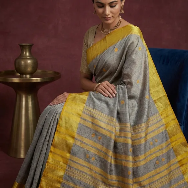 Bengal_Handloom_Satin_Silk_Border_Cotton_Saree_In_Steel_Grey_And_Corn_Yellow