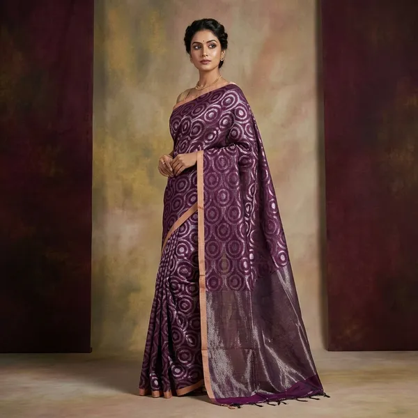 Chakram_Motif_Designer_Brocade_Linen_Saree_In_Purple_And_Silver