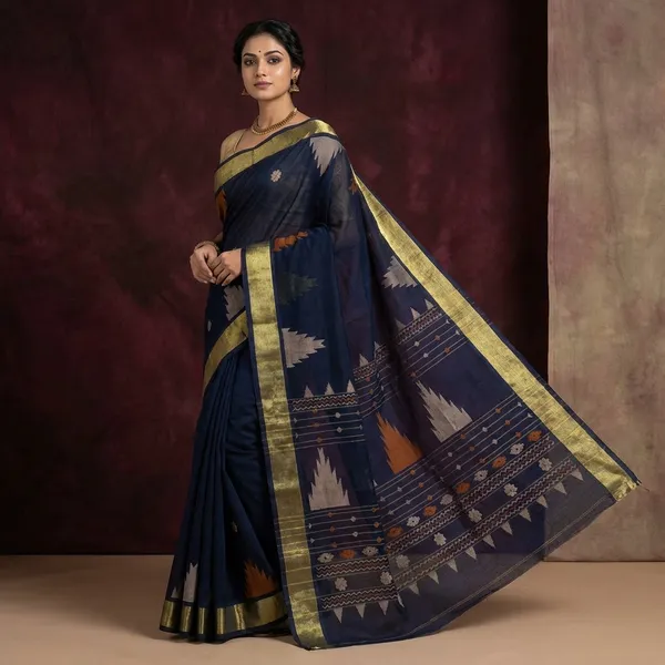 Tan_Chui_Border_Cotton_Dhakai_Jamdani_Saree_In_Black_Brown_And_Beige
