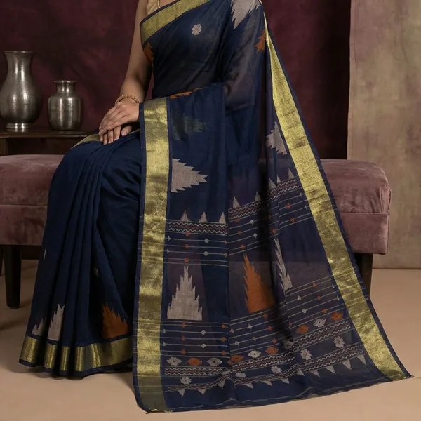 Tan_Chui_Border_Cotton_Dhakai_Jamdani_Saree_In_Black_Brown_And_Beige