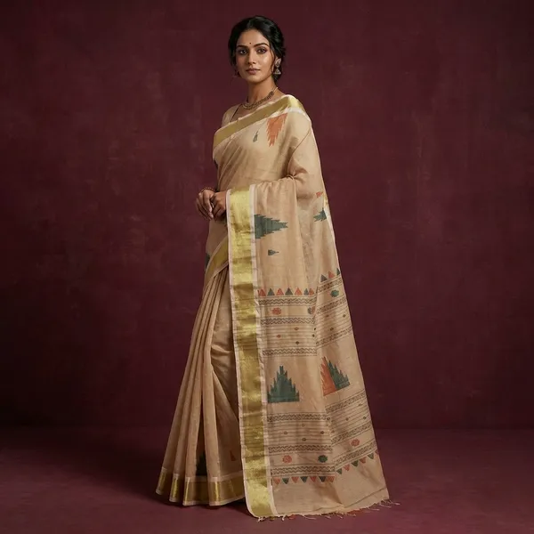 Tan_Chui_Border_Cotton_Dhakai_Jamdani_Saree_In_Khaki_Brown_And_Sacramento_Green