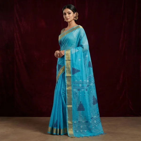 Tan_Chui_Border_Cotton_Dhakai_Jamdani_Saree_In_Sky_Blue_Navy_Blue_And_Off_White