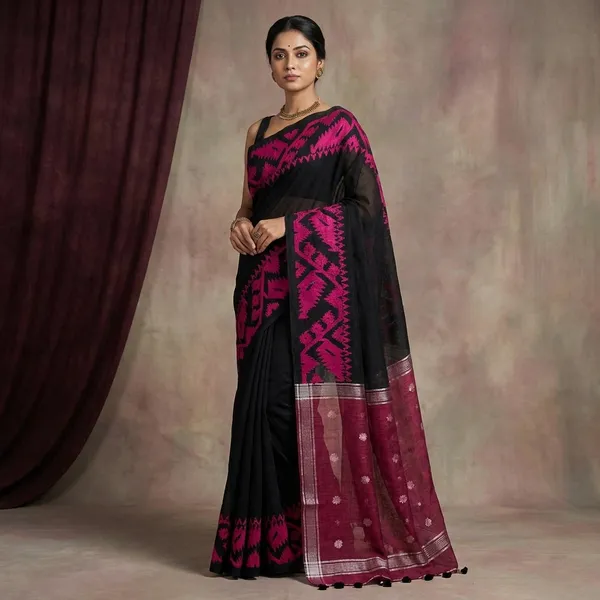 Woven_Karat_Work_Border_Linen_Jamdani_Saree_In_Black_And_Fuchsia