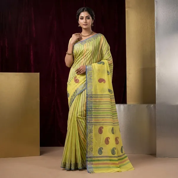 Medium_Size_Thread_Nakshi_Border_Premium_Quality_Bengal_Handloom_Cotton_Saree_In_Lemon_Yellow_Grey_Purple_And_Green