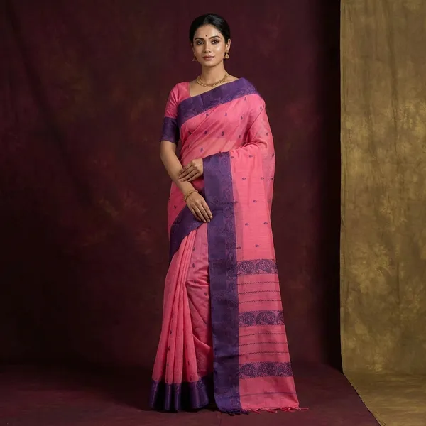 Resham_Thread_Work_Tangail_Handloom_Cotton_Saree_In_Watermelon_Pink_And_Deep_Blue
