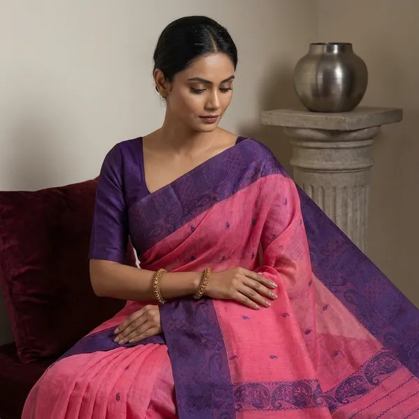 Resham_Thread_Work_Tangail_Handloom_Cotton_Saree_In_Watermelon_Pink_And_Deep_Blue