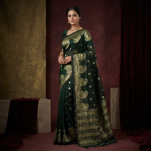 Woven_Paisley_Motif_Work_Border_Linen_Jamdani_Saree_In_Black_And_Antique_Silver