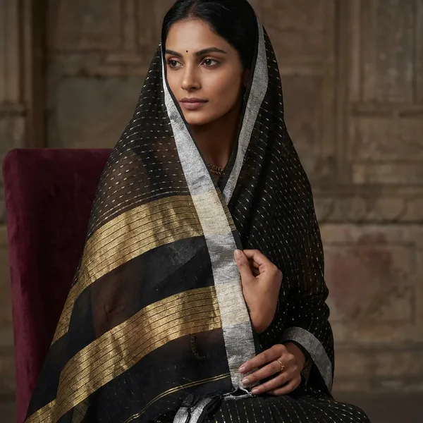 Miniature_Polka_Machi_Butti_Linen_Banarasi_Saree_In_Black_And_Silver