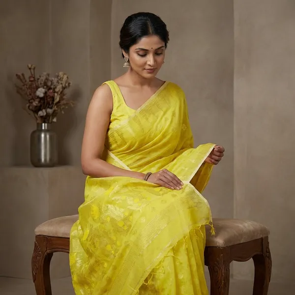 Hand_Woven_Cotton_Muslin_Jamdani_Saree_In_Basanti_Yellow_And_Gold