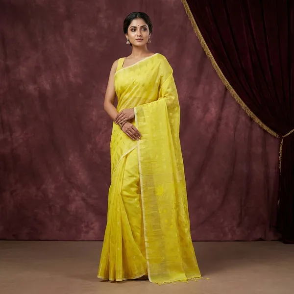 Hand_Woven_Cotton_Muslin_Jamdani_Saree_In_Basanti_Yellow_And_Gold