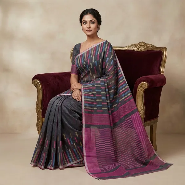 Raindrops_Jamdani_Saree_In_Slate_Grey_Multicolor_Thread_Work