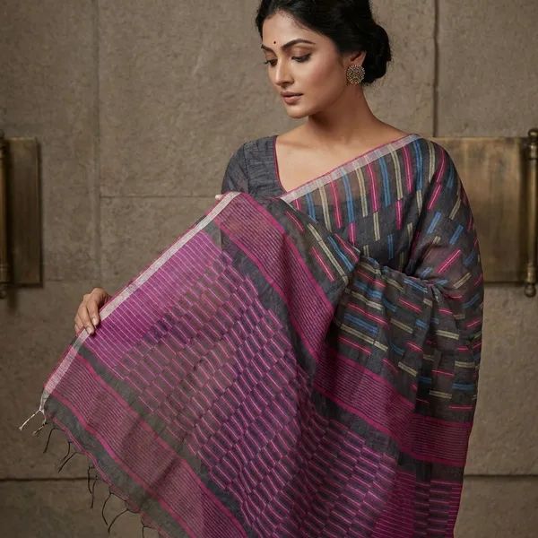 Raindrops_Jamdani_Saree_In_Slate_Grey_Multicolor_Thread_Work