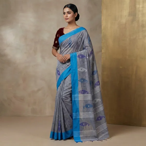 Hand_Work_Cotton_Dhakai_Jamdani_Saree_In_Smoke_Grey_Off_White_And_Blue