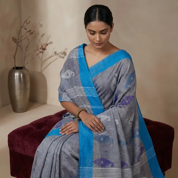 Hand_Work_Cotton_Dhakai_Jamdani_Saree_In_Smoke_Grey_Off_White_And_Blue