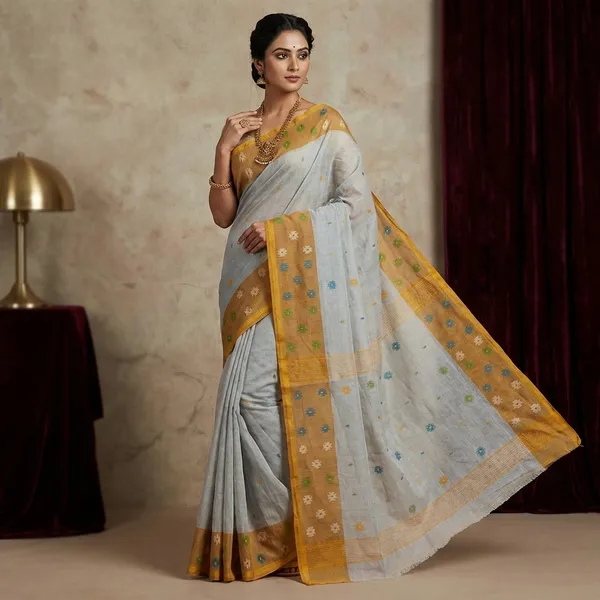 Hand_Work_Cotton_Dhakai_Jamdani_Saree_In_Cloud_Grey_Mustard_Brown_And_Multicolor