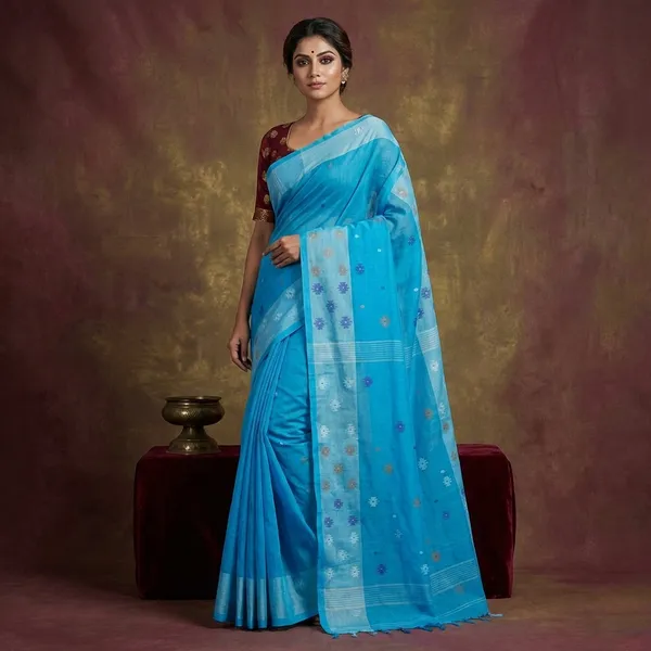 Hand_Work_Cotton_Dhakai_Jamdani_Saree_In_Azure_Blue_Sky_Blue_And_Multicolor