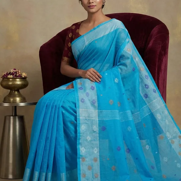 Hand_Work_Cotton_Dhakai_Jamdani_Saree_In_Azure_Blue_Sky_Blue_And_Multicolor