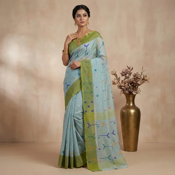 Hand_Work_Cotton_Dhakai_Jamdani_Saree_In_Grey_Green_And_Multicolor