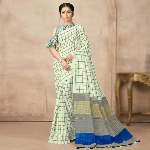 Designer_Printed_Linen_Saree_In_Off_White_Green_Black_And_Blue