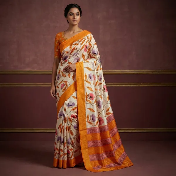Floral_Printed_With_Kantha_Work_Soft_Kosa_Silk_Saree_In_Cream_Saffron_And_Multicolor