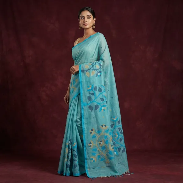 Skirt_Nakshi_Hand_Work_Jamdani_Saree_In_Cyan_Turquoise_Beige_And_Multicolor_Thread_Work
