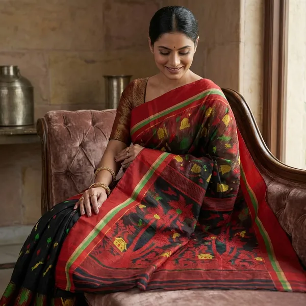 Metro_Kotki_Border_Cotton_Muslin_Jamdani_Saree_In_Black_Red_And_Multicolor_Thread_Work