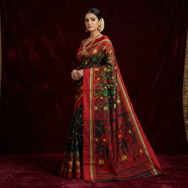 Metro_Kotki_Border_Cotton_Muslin_Jamdani_Saree_In_Black_Red_And_Multicolor_Thread_Work
