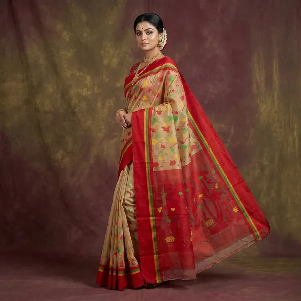 Metro_Kotki_Border_Cotton_Muslin_Jamdani_Saree_In_Beige_Red_And_Multicolor_Thread_Work
