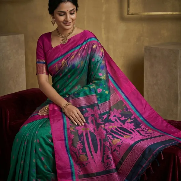 Metro_Kotki_Border_Cotton_Muslin_Jamdani_Saree_In_Green_Pink_And_Multicolor_Thread_Work