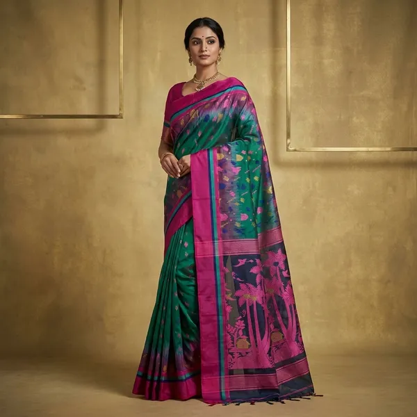 Metro_Kotki_Border_Cotton_Muslin_Jamdani_Saree_In_Green_Pink_And_Multicolor_Thread_Work