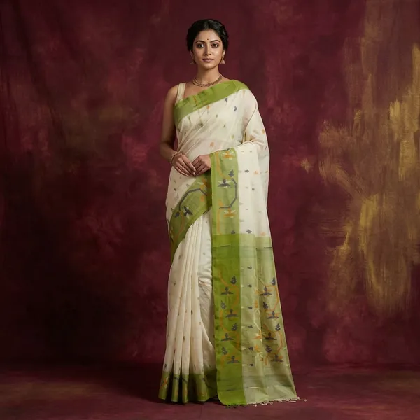 Hand_Woven_Cotton_Dhakai_Jamdani_Saree_In_White_Pear_Green_And_Multicolor_Thread_Work