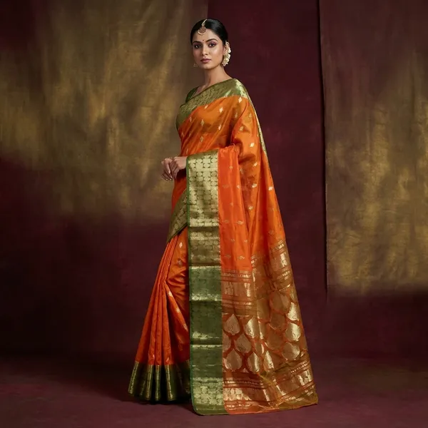 Rich_Pallu_Bengal_Handloom_Cotton_Saree_In_Orange_And_Green