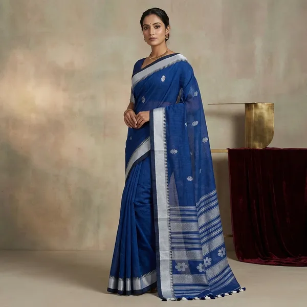 Premium_Quality_Traditional_Linen_Jamdani_Saree_In_Denim_Blue_And_Off_White