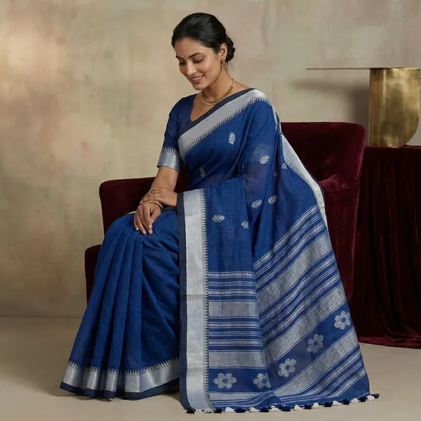 Premium_Quality_Traditional_Linen_Jamdani_Saree_In_Denim_Blue_And_Off_White
