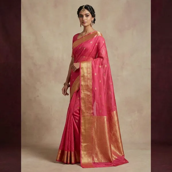 Tangail_Handloom_Cotton_Banarasi_Saree_In_Watermelon_Pink_And_Gold_Zari_Work